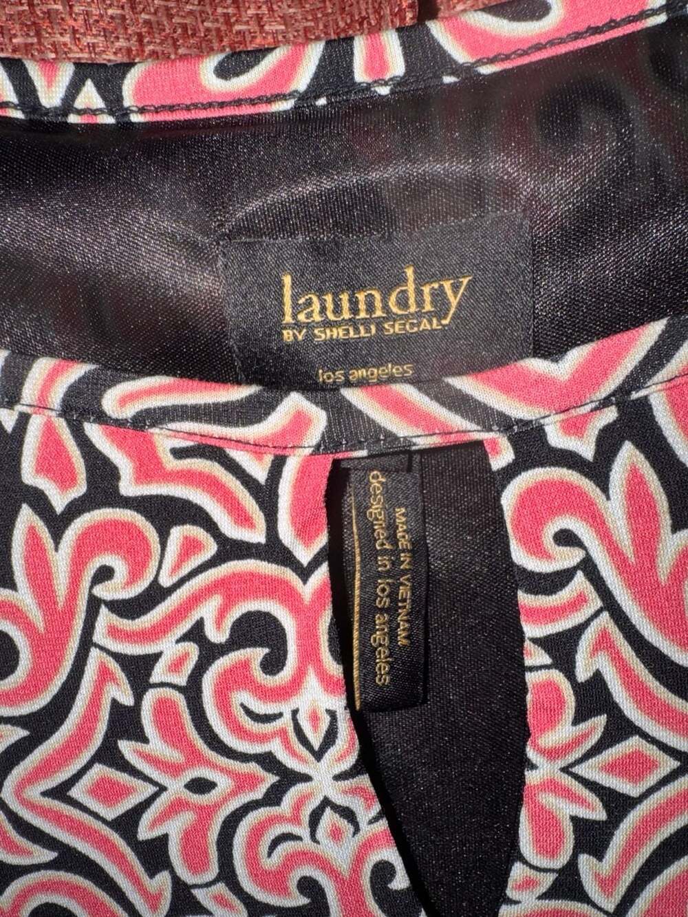 Laundry by Shelli Segal Pink and Black Scroll Print Keyhole Neck 3/4 Sleeve Shif